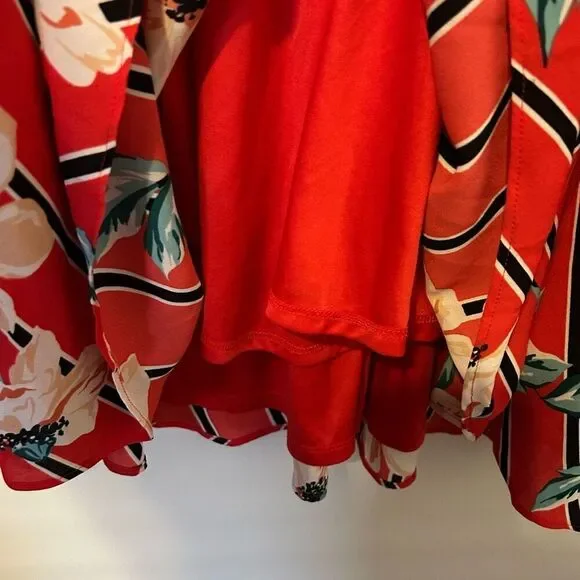 Express Women Dress small Red Floral Long Sleeve Mini Surplice wrap Lined fairy - Picture 8 of 13